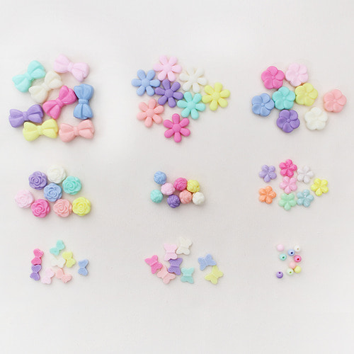 혼합색상 파스텔 컬러 하트 별 리본 꽃 나비 (무광/유광/AB) 비즈 (약10g) T3084